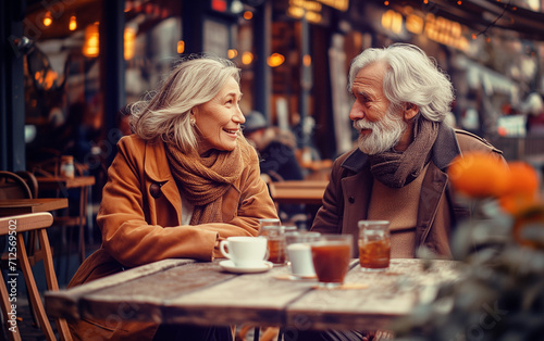 Friendship or something more: candid encounter of two middle age man and woman sitting at a coffee table outside, chatting and looking interested in each other