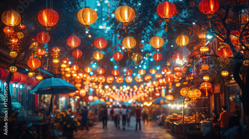 Vibrant lanterns light up a festive street scene at dusk. © Tiz21