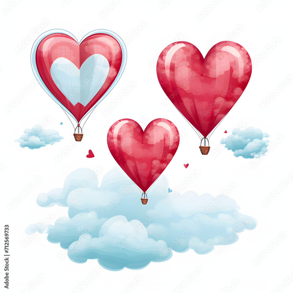 Heart-shaped balloons floating against a clear sky isolated on white background, sketch, png
