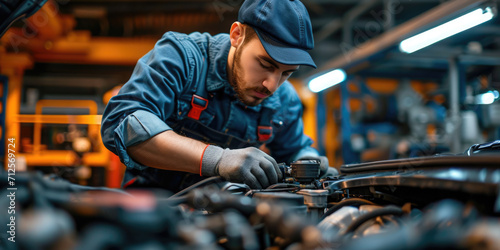 Mechaniker, der am Motor des Autos arbeitet