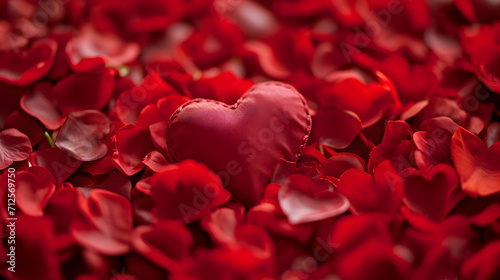 A vibrant outdoor scene unfolds as a single red annual plant stands tall amidst a sea of soft rose petals, with a heart-shaped pillow nestled within, evoking feelings of love and beauty