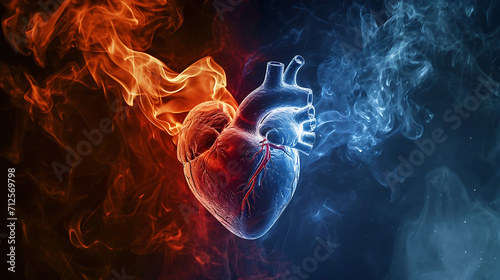 smoking hot vs colhuman heart anatomy in red and blue , smoking hot vs cold heart