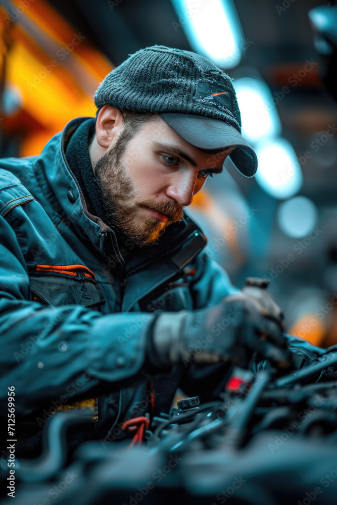 Mechaniker, der am Motor des Autos arbeitet Mechaniker, der am Motor des Autos arbeitet