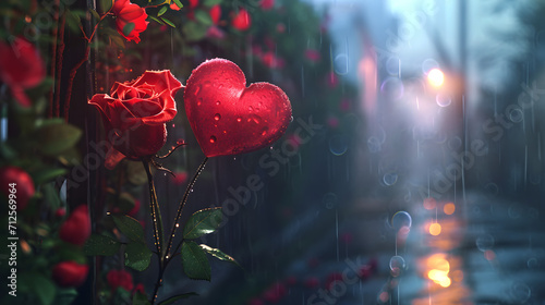 A vibrant red rose and delicate heart-shaped flower bask in the soft outdoor light, symbolizing the beauty and resilience of nature even in the midst of a gentle rain