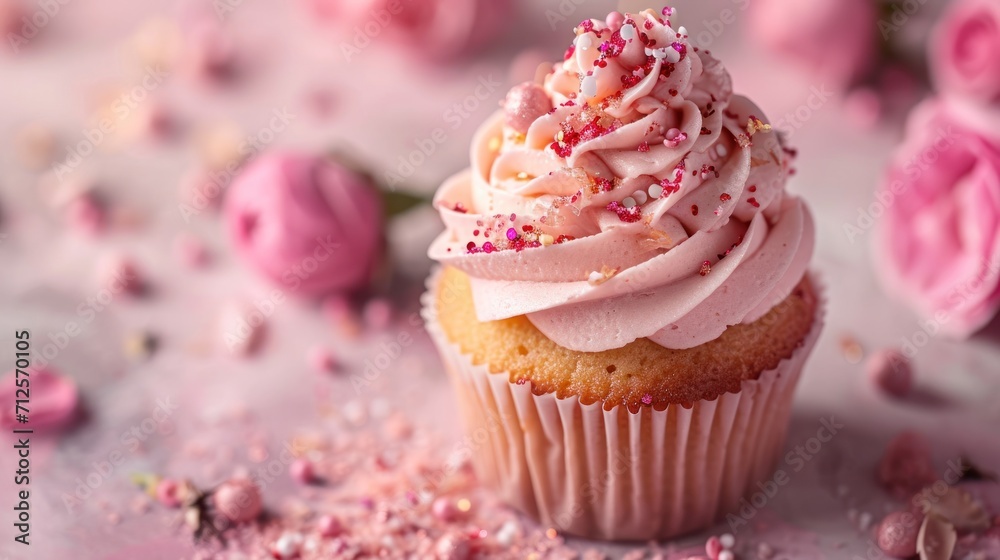 a close up of a cupcake with pink frosting and sprinkles on a table with pink roses. a close up of a cupcake with pink frosting and sprinkles on a table with pink roses.