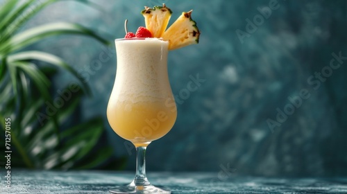  a drink in a tall glass with a pineapple garnish and a raspberry garnish.