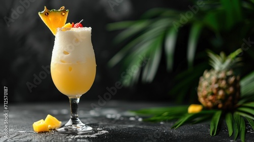  a drink with a pineapple garnish garnish on the rim and garnish on the rim.