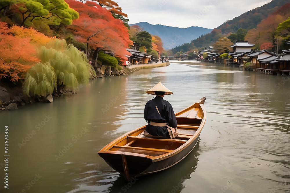 a japanes man rouging a boat in a river