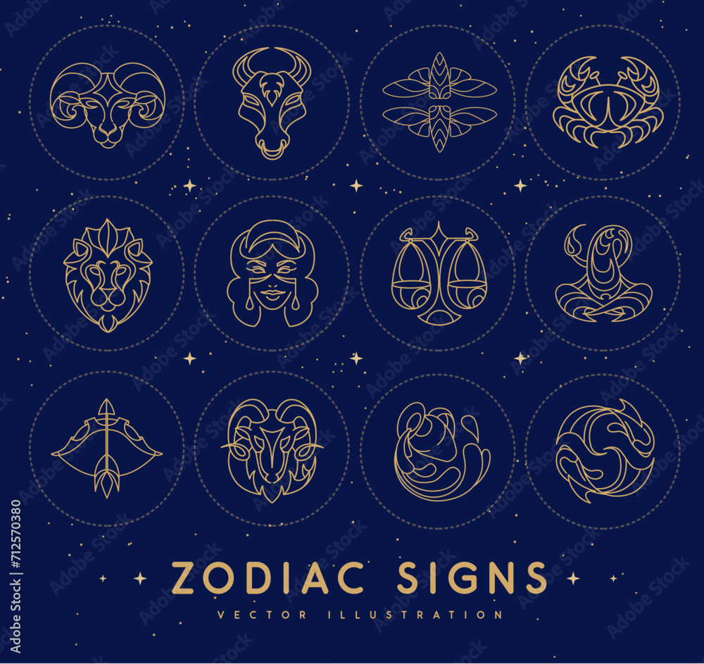 Set of astrology zodiac signs on outer space background.  Set of Zodiac icons. Vector illustration
