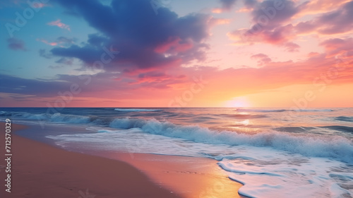 Sunset on the beach. Beautiful seascape. Sunrise over the sea. 3d render