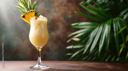  a yellow drink with a pineapple garnish in a tall glass on a table next to a palm tree.