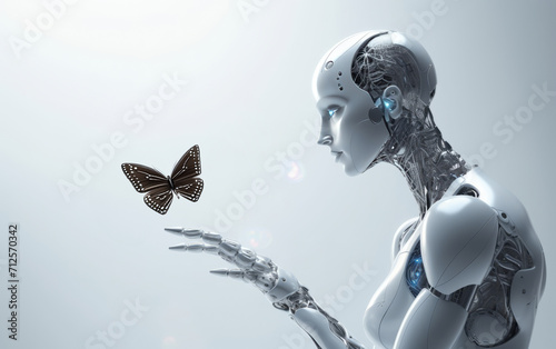 robot girl on a light background, touching a flying butterfly with her finger © say_hope