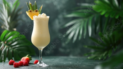  a drink with a pineapple garnish and strawberries on a table next to a green leafy background.