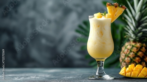  a close up of a drink in a glass with a pineapple on a table next to a pineapple.