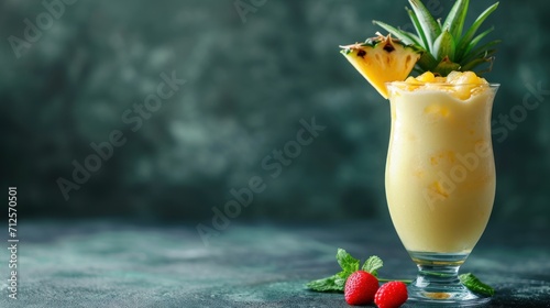  a drink with a pineapple garnish in a tall glass next to two strawberries on a table.