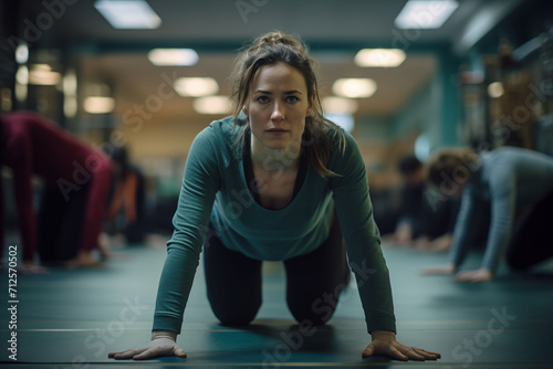 A focused woman in a teal shirt engages in a stretching exercise on a yoga mat in a class setting