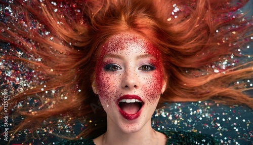 mulher ruiva lábios vermelhos deitada, cabelos longos ruivos, glitter. conceito erótico photo