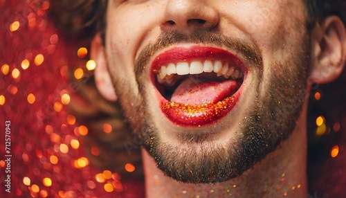 homem batom lábios com glitter, conceito erótico photo