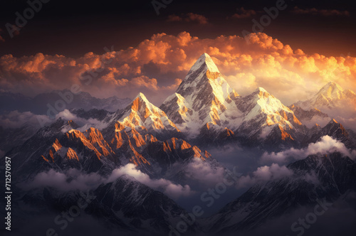 Generative AI image of a dramatic mountain range with fiery sunset clouds above photo