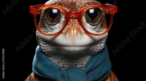 Funny snake with big eyes and glasses. The concept of a vision problem.