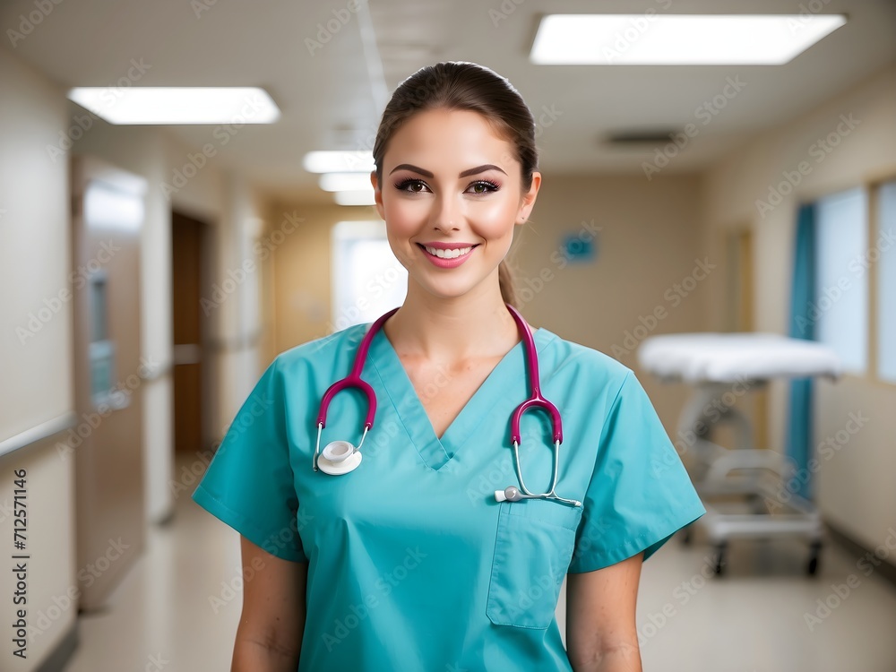 High-quality photo of a young nursing student standing in the hospital, dressed in scrubs. generative AI High-quality photo of a young nursing student standing in the hospital, dressed in scrubs. generative AI