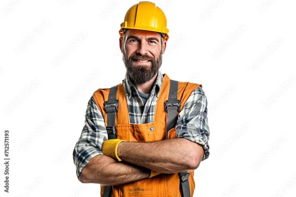Worker in protective gear and with cheerful expression standing confidently with crossed arms, cut out - stock png. Worker in protective gear and with cheerful expression standing confidently with crossed arms, cut out - stock png.