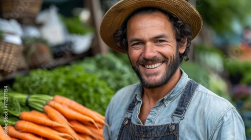 Producteur de carotte avec le sourire et heureux photo