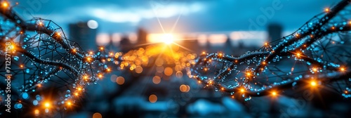 Banner with abstract network of illuminated nodes and connections with water droplets against a blurred cityscape at sunset. photo