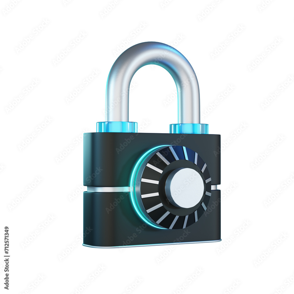 Dark and blue neon padlock icon with transparent background