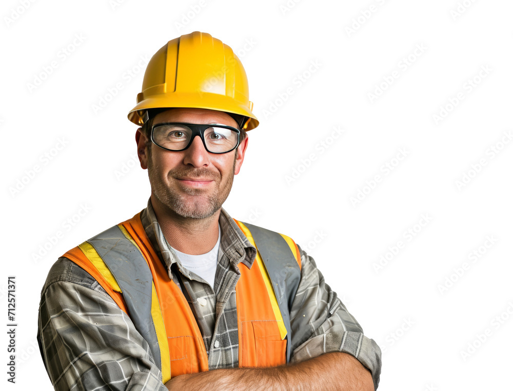 Worker in protective gear and with cheerful expression standing confidently with crossed arms, cut out - stock png.