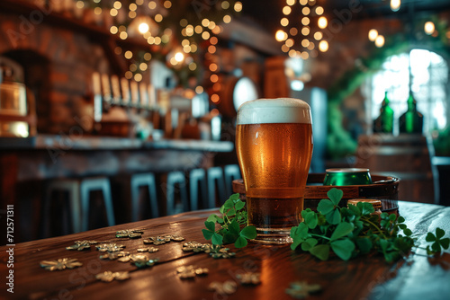 Pint of beer on bar with festive clovers and lights Generative AI image photo