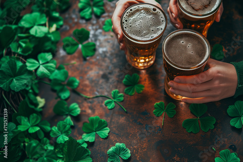 Toasting with beer glasses among clover leaves for St Patrick's Day Generative AI image photo