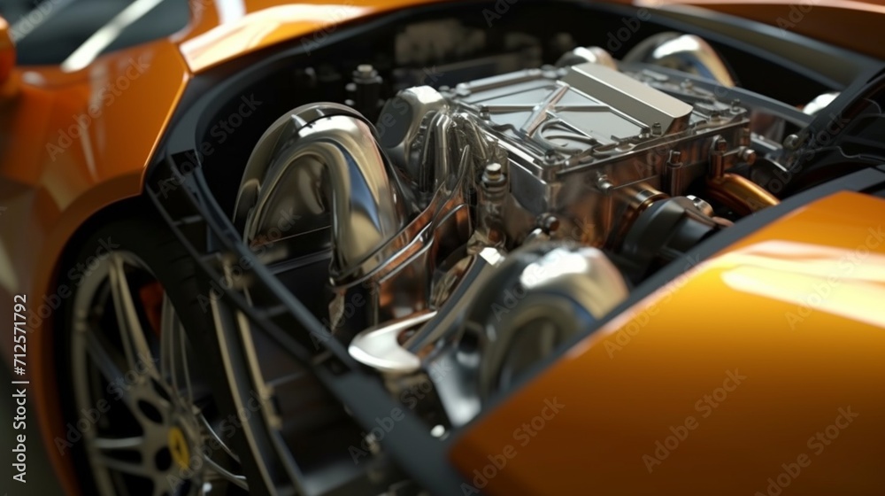 Fototapeta premium A Modern new car close up of the engine front top vie.Generative AI