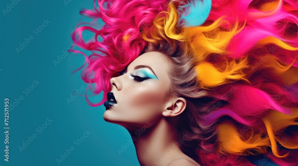 Portrait of a hair died young girl or woman with multicolored hair on bright pink and yellow background in pop art collage style with perfect skin care with copyspace