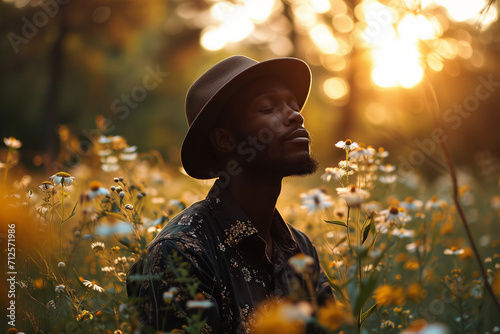 Generative AI illustration of serene black man in a wide brimmed hat closes his eyes enjoying the peace among a field of wildflowers at sunset photo