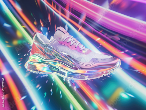 Y2K aesthetic abstract futuristic sneaker, floating in the air, high-speed shot photo