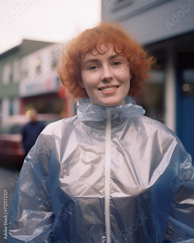 Generative AI illustration of smiling woman with red hair wearing a clear plastic raincoat on an urban street photo