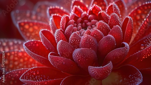  a close up view of a red flower with drops of water on the petals and the center of the flower.