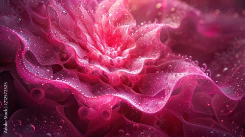  a close up of a pink flower with drops of water on it and a blurry image of the petals.