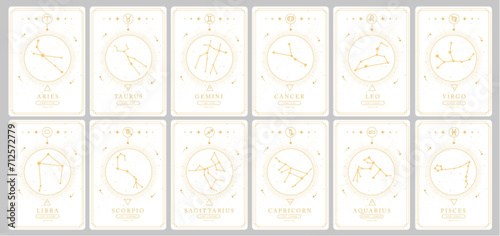 Set of Modern magic witchcraft cards with astrology zodiac constellations in the sky. Zodiac characteristic. Zodiac icons. Vector illustration