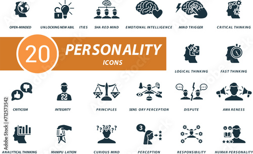 Personality icons set. Creative icons: open-minded, unlocking new abilities, shared mind, emotional intelligence, mind trigger, critical thinking and more