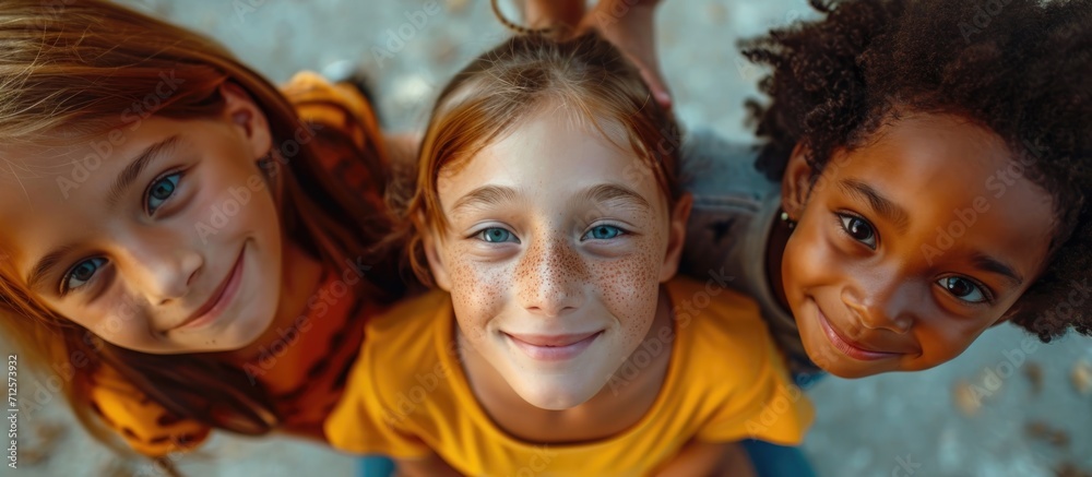 Three young friends looking up at the camera, smiling.