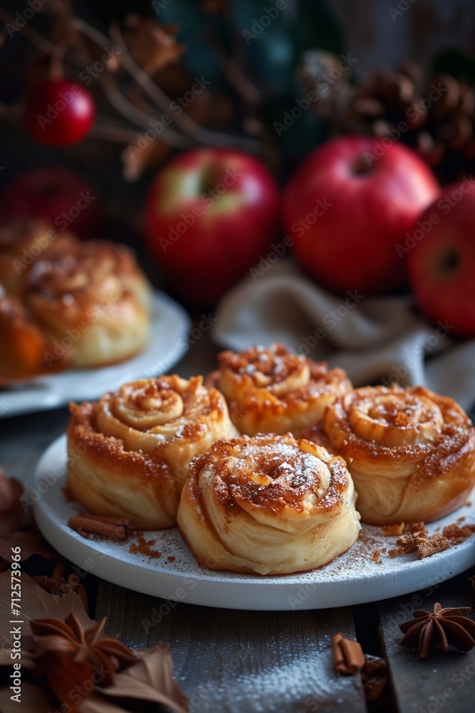 Homemade apple roses pie with sugar powder. Traditional autumn baking, fall decor. Wooden background, close up
