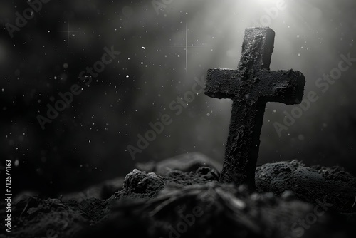 Tableau sur toile A black and white image of a solitary cross stands against a dramatic background