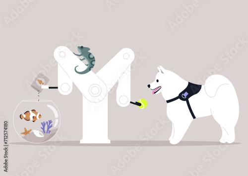 A multitasking robot adeptly engages in various activities, simultaneously playing with a lively dog, interacting with a chameleon, and ensuring the well-being of a fish by feeding it