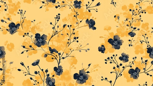  a yellow and black floral wallpaper with black and yellow flowers on a yellow background with black and white leaves.