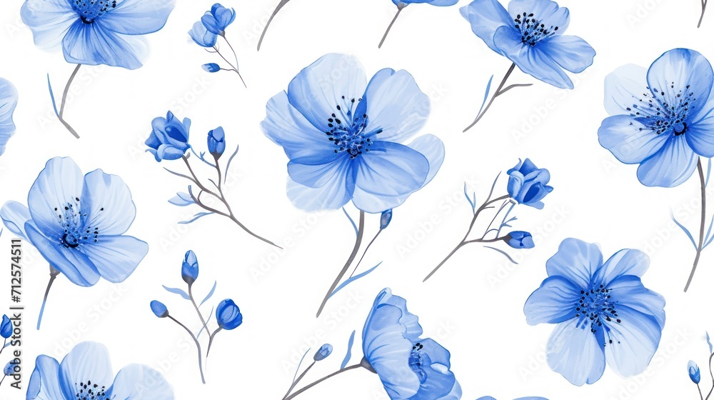  a close up of a blue flower pattern on a white background with a blue flower on the left side of the image.