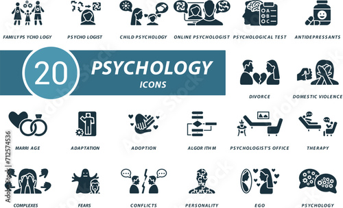 Psychology icons set. Creative icons: family psychology, psychologist, child psychology, online psychology, psychological test and more