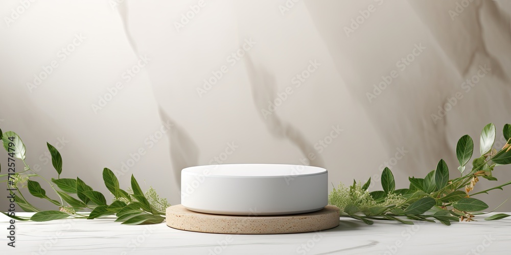 Minimalist white podium mockup with natural elements for cosmetic product presentation.