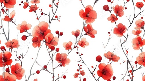  a close up of a tree with red flowers on it's branches and a white sky in the background. © Shanti